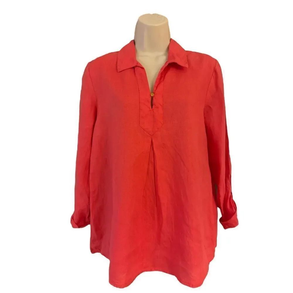 Ellen Tracy Red Orange Linen Blouse Tunic Pop Over Top Roll Tab Sleeves Size Sma